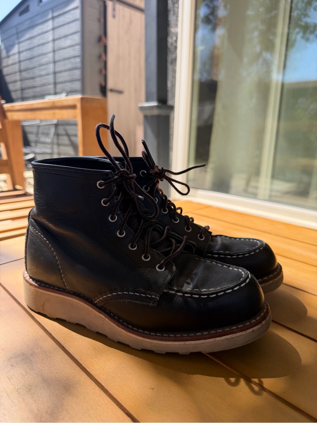 Red Wing Shoes Black Leather Moc Toe Boots With Crepe Sole